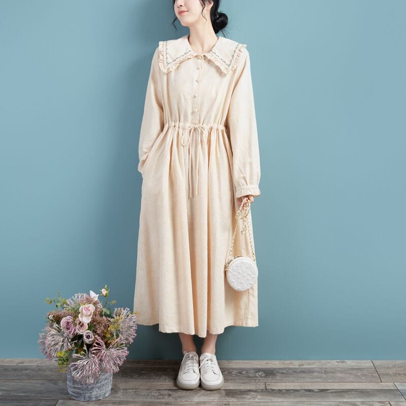 Spring Cotton Linen Long Sleeve Solid Embroidery Dress