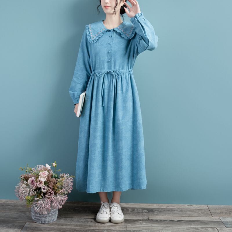 Spring Cotton Linen Long Sleeve Solid Embroidery Dress