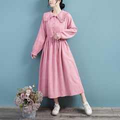 Spring Cotton Linen Long Sleeve Solid Embroidery Dress