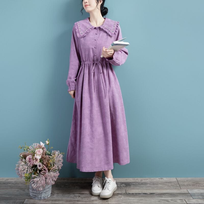 Spring Cotton Linen Long Sleeve Solid Embroidery Dress