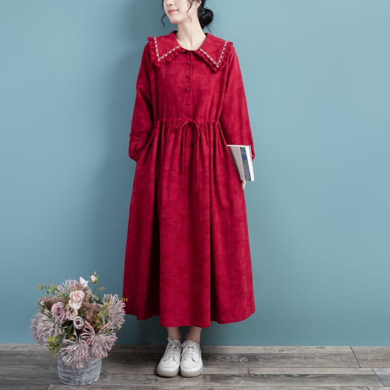 Spring Cotton Linen Long Sleeve Solid Embroidery Dress