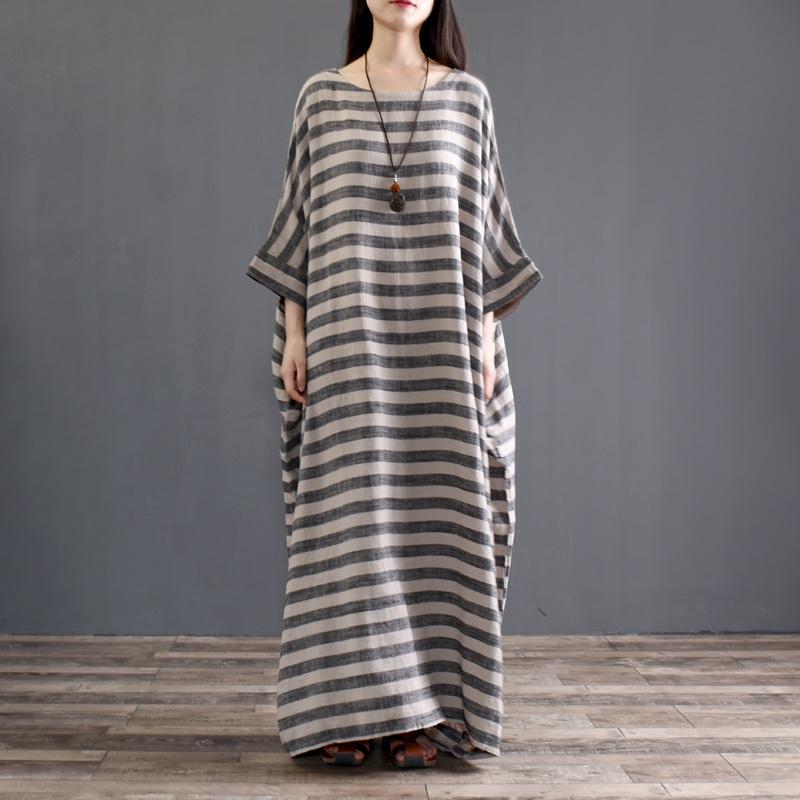 Spring Cotton Linen Loose Striped Long Sleeve Dress