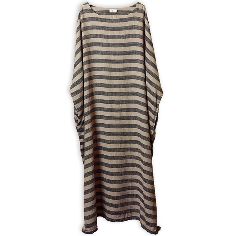 Spring Cotton Linen Loose Striped Long Sleeve Dress