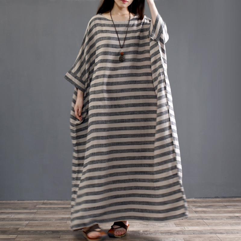 Spring Cotton Linen Loose Striped Long Sleeve Dress