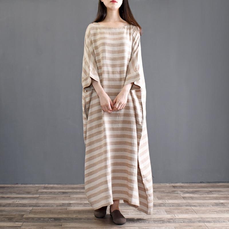 Spring Cotton Linen Loose Striped Long Sleeve Dress