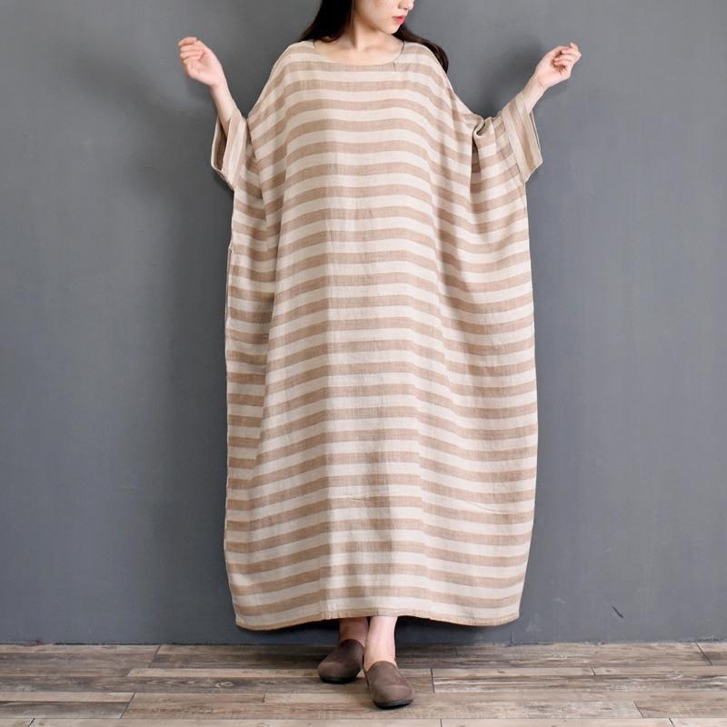 Spring Cotton Linen Loose Striped Long Sleeve Dress