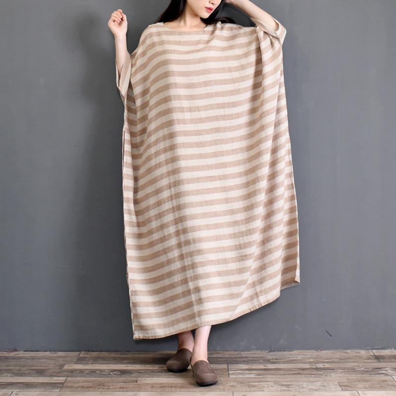 Spring Cotton Linen Loose Striped Long Sleeve Dress