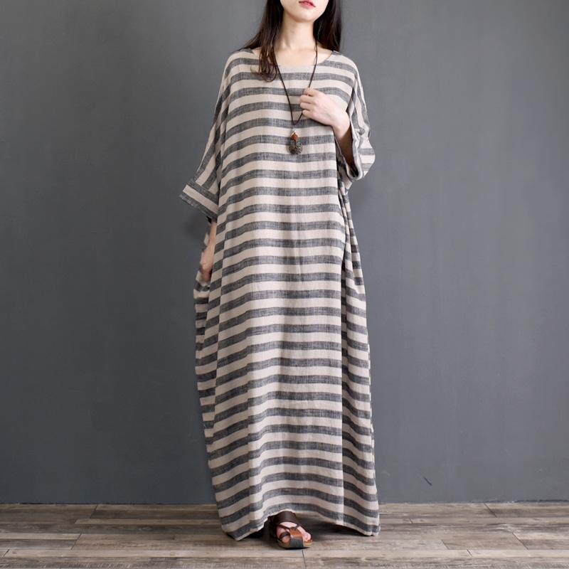 Spring Cotton Linen Loose Striped Long Sleeve Dress