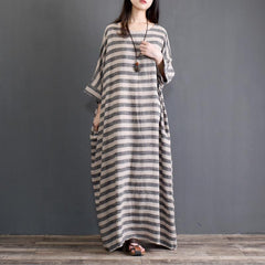 Spring Cotton Linen Loose Striped Long Sleeve Dress