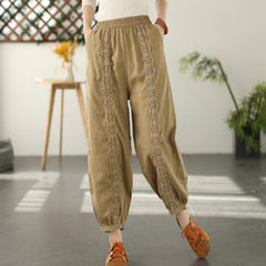 Spring Linen Lace Trim Patchwork Solid Pants