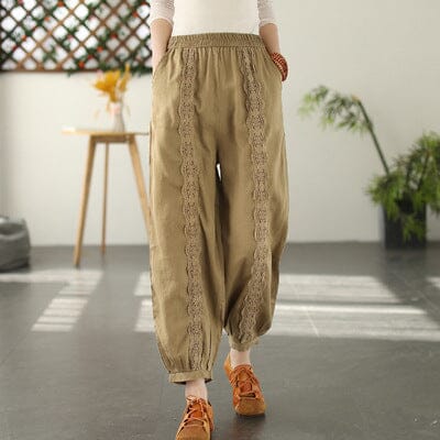 Spring Linen Lace Trim Patchwork Solid Pants