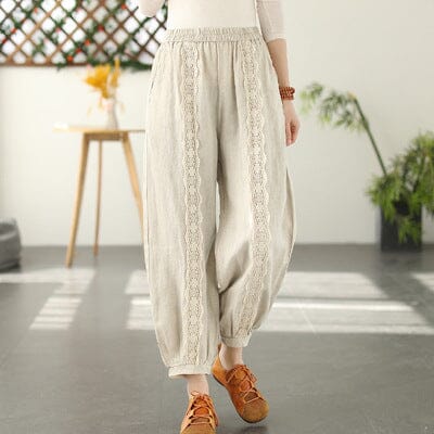 Spring Linen Lace Trim Patchwork Solid Pants