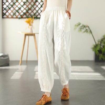 Spring Linen Lace Trim Patchwork Solid Pants