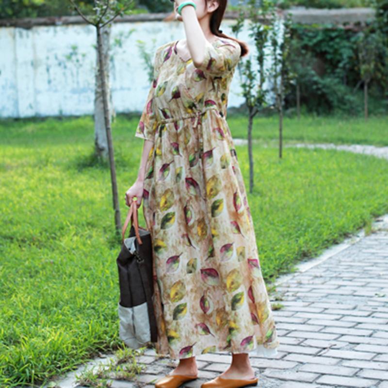 Spring Long Sleeve Ramie Print Floral Dress