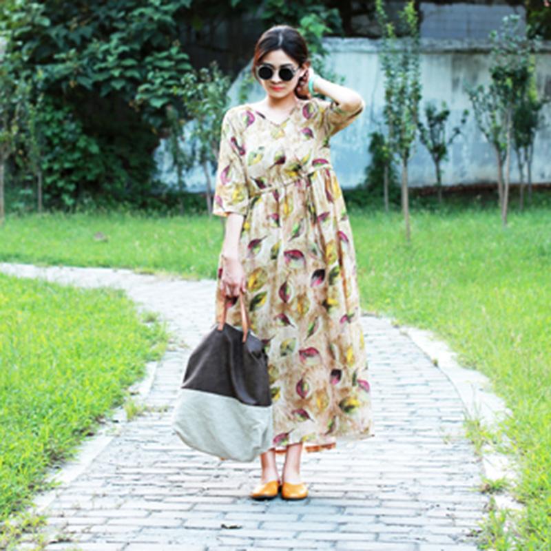 Spring Long Sleeve Ramie Print Floral Dress