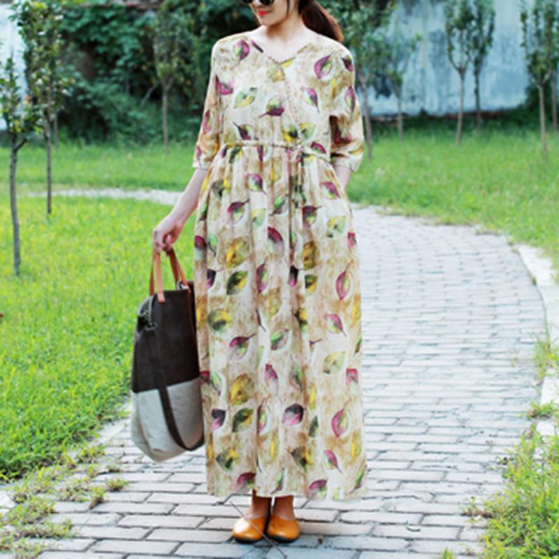 Spring Long Sleeve Ramie Print Floral Dress