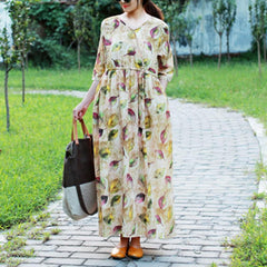 Frühlings-Langarmkleid mit Ramie-Print und Blumenmuster