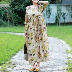 Frühlings-Langarmkleid mit Ramie-Print und Blumenmuster