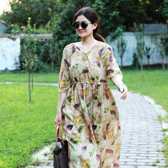 Spring Long Sleeve Ramie Print Floral Dress