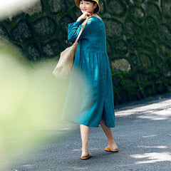 Spring Long-sleeved Mid-length Linen Dress