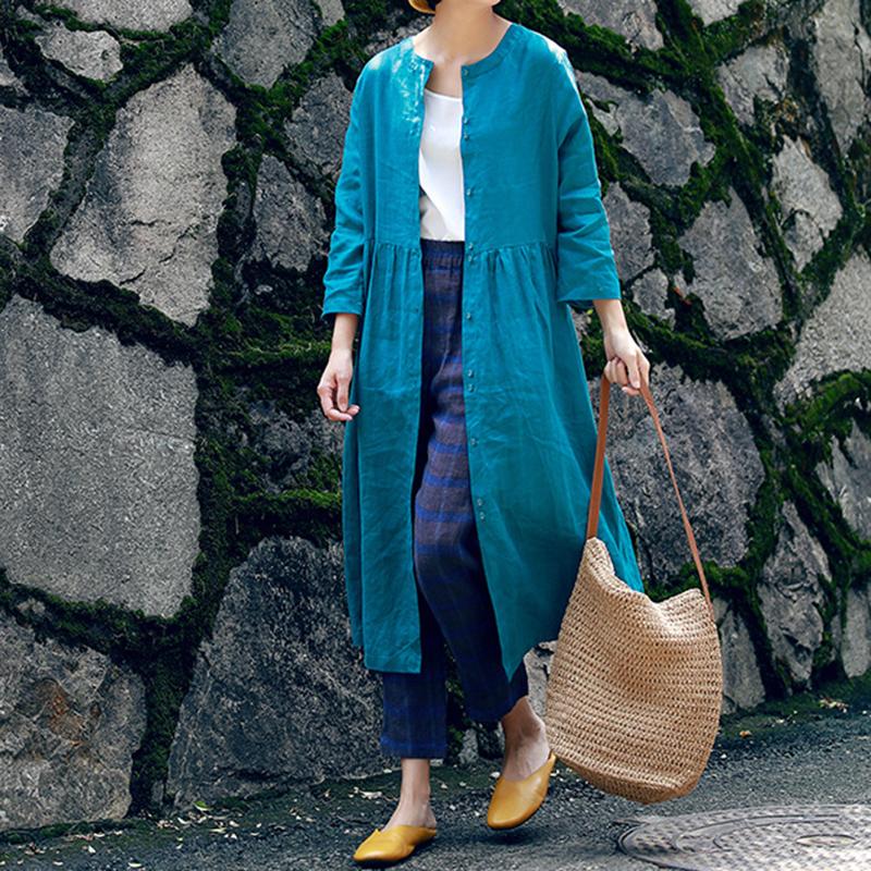 Spring Long-sleeved Mid-length Linen Dress