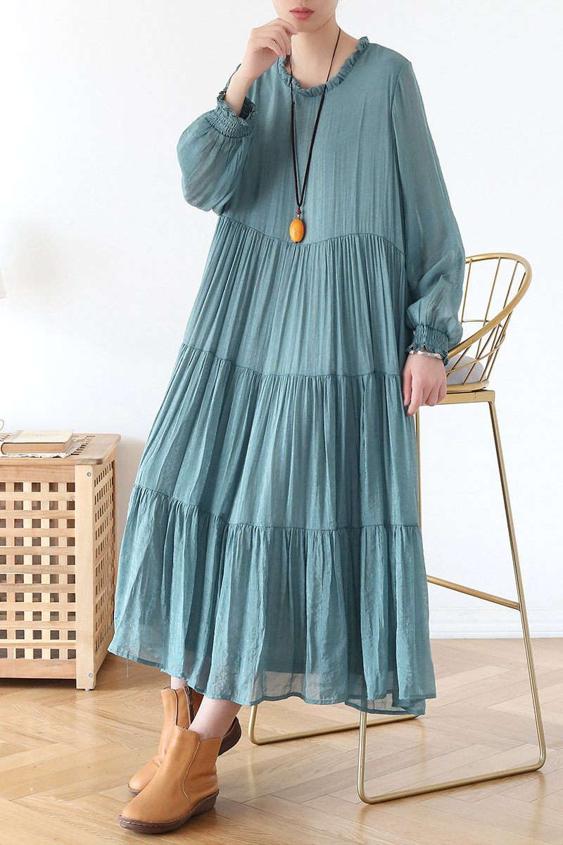 Spring Loose Casual Long Sleeve Chiffon Dress Green