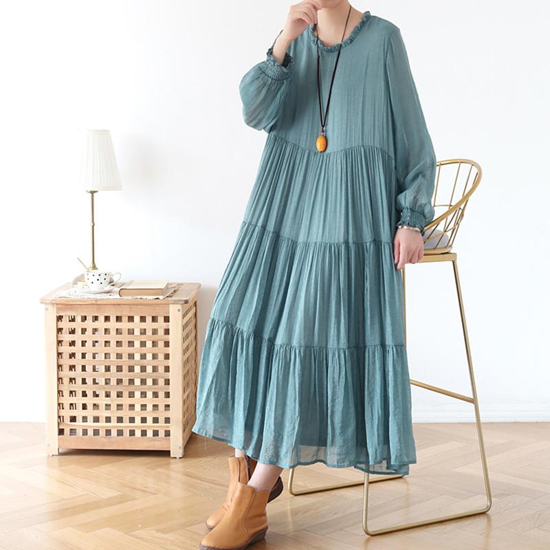 Spring Loose Casual Long Sleeve Chiffon Dress Green