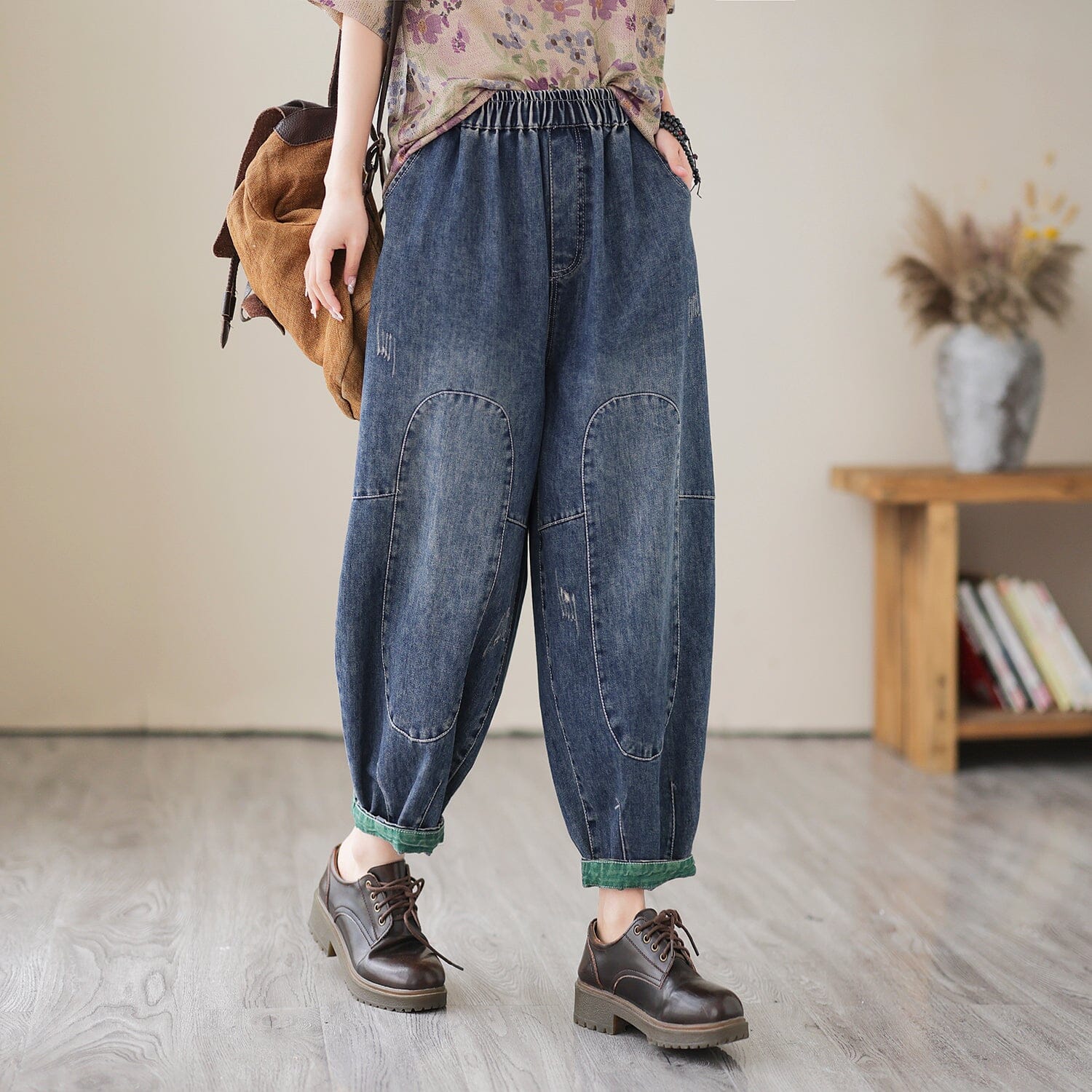 Frühlings-Loose-Casual-Patchwork-Baumwoll-Haremsjeans