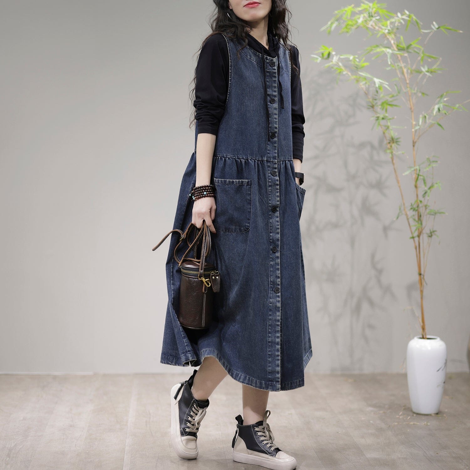 Spring Loose Sleeveless Cotton Denim Midi Dress