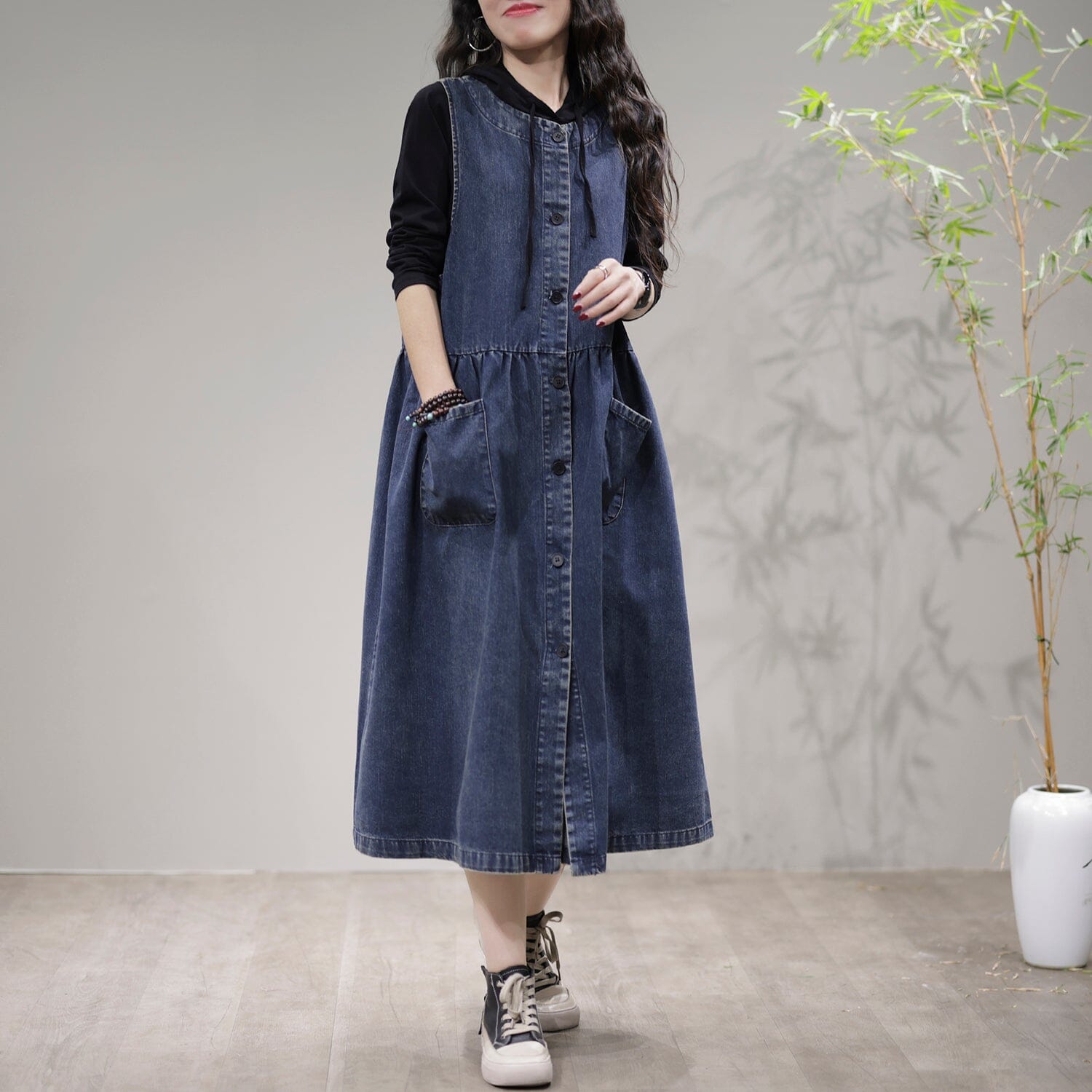 Spring Loose Sleeveless Cotton Denim Midi Dress