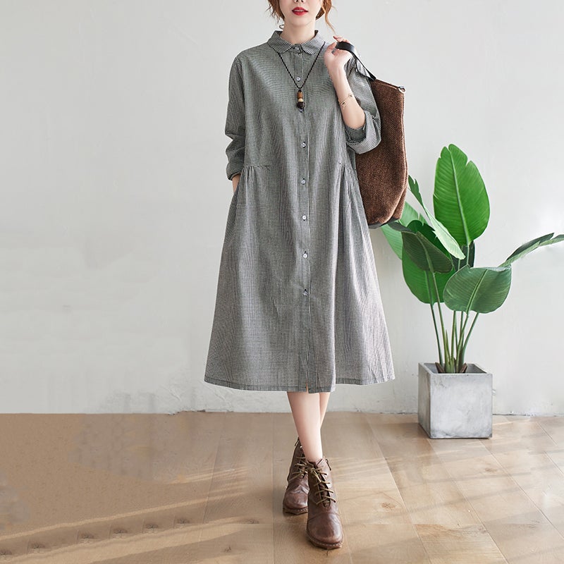 Spring Plus Size Loose Cotton Linen Long Sleeve Dress