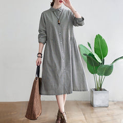 Spring Plus Size Loose Cotton Linen Long Sleeve Dress