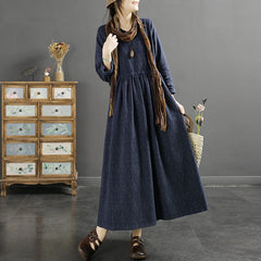 Spring Retro Cotton Linen Figured V-Neck Dress