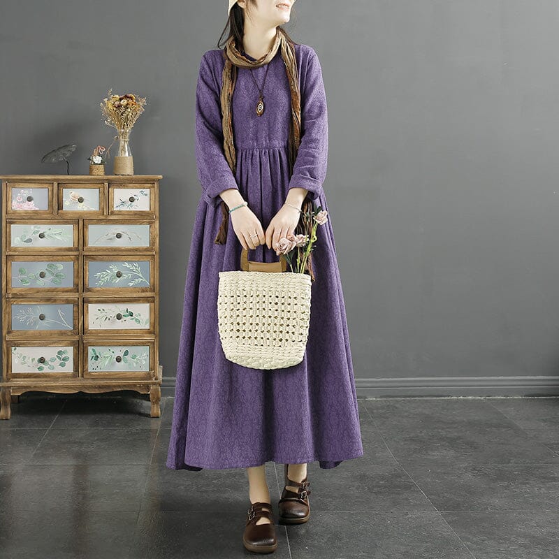 Spring Retro Cotton Linen Figured V-Neck Dress