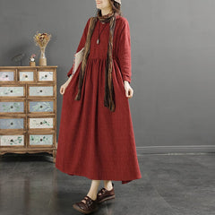 Spring Retro Cotton Linen Figured V-Neck Dress