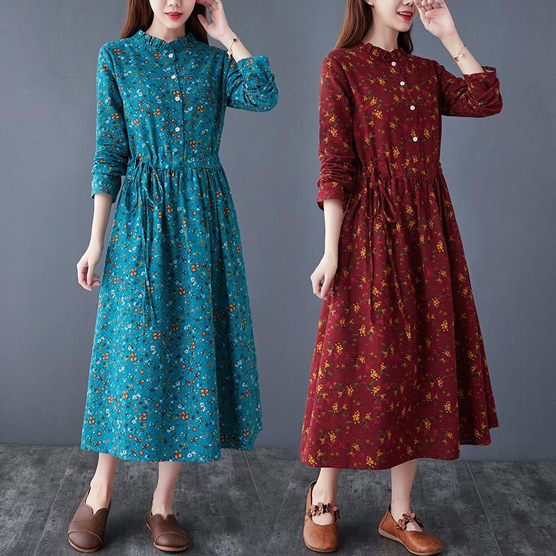 Spring Retro Elegant Floral Cotton Linen Dress