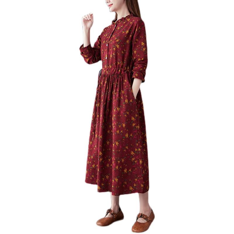 Spring Retro Elegant Floral Cotton Linen Dress