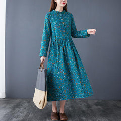 Spring Retro Elegant Floral Cotton Linen Dress