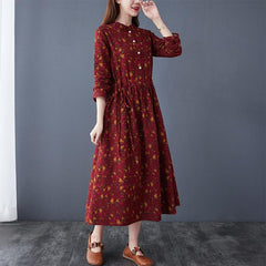 Spring Retro Elegant Floral Cotton Linen Dress