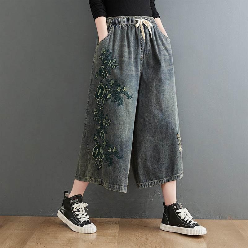 Spring Retro Embroidery Floral Ripped Loose Jeans