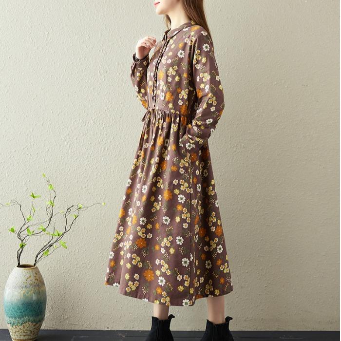 Lässiges A-Linien-Kleid aus Baumwollleinen im Frühlings-Retro-Stil mit Blumenmuster