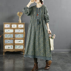 Spring Retro Floral Loose Cotton Trim Dress