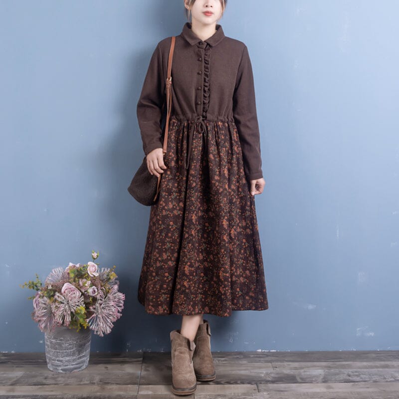 Spring Retro Floral Patchwork Cotton Linen Dress