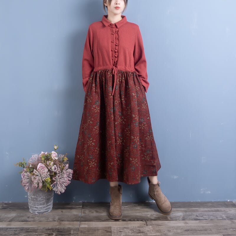 Spring Retro Floral Patchwork Cotton Linen Dress