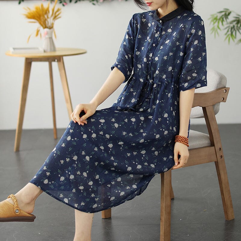 Spring Retro Floral Print Linen Dress