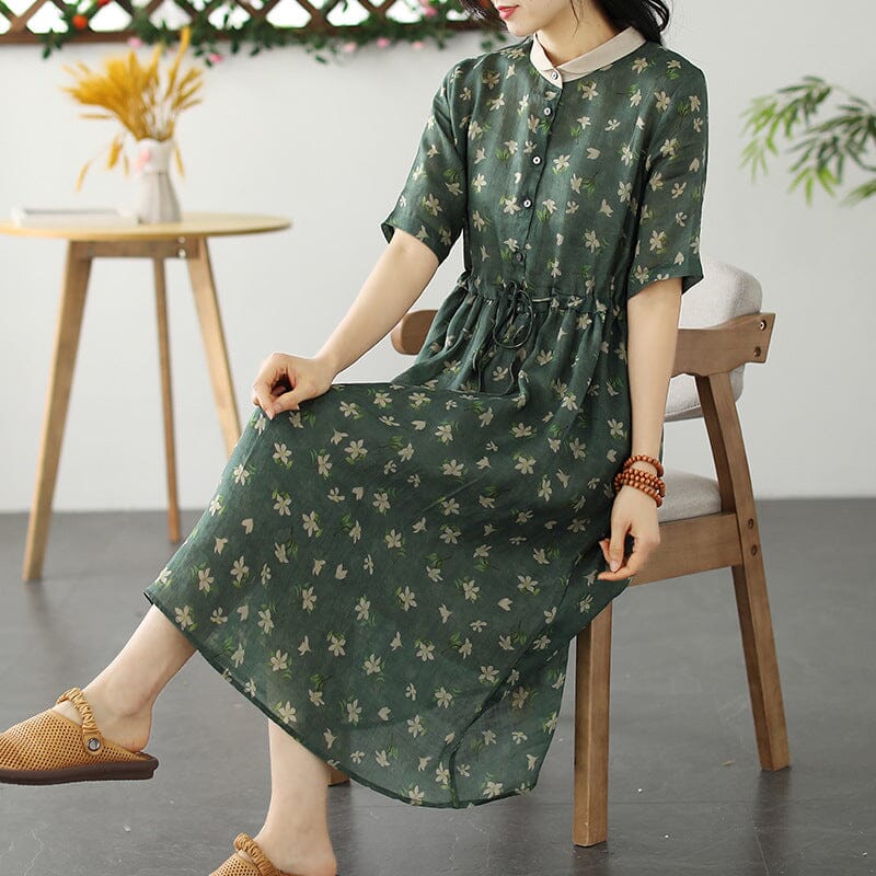 Spring Retro Floral Print Linen Dress