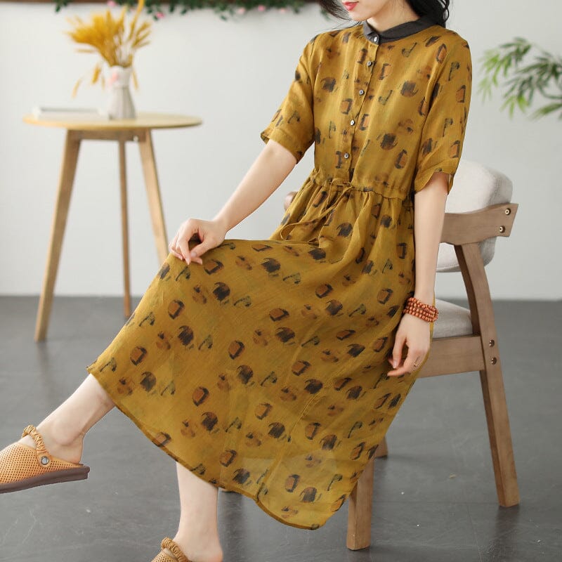 Spring Retro Floral Print Linen Dress