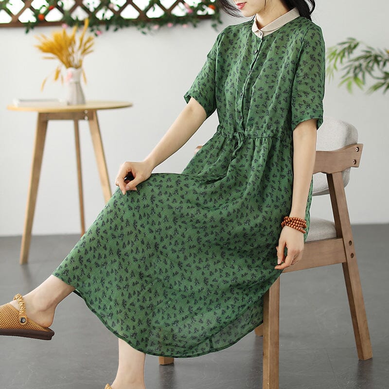 Spring Retro Floral Print Linen Dress