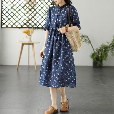 Spring Retro Floral Print Linen Dress