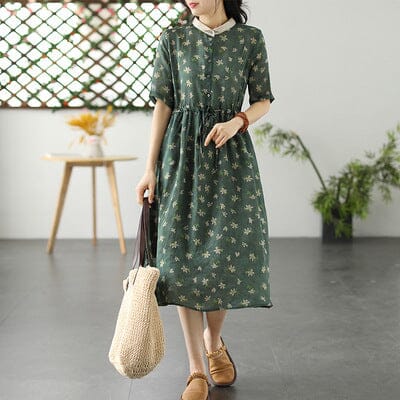 Spring Retro Floral Print Linen Dress